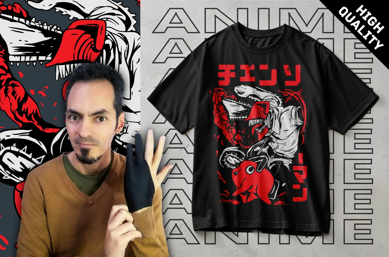 Black anime streetwear t-shirt with red and white graphic featuring a character wielding a chainsaw and Japanese text.