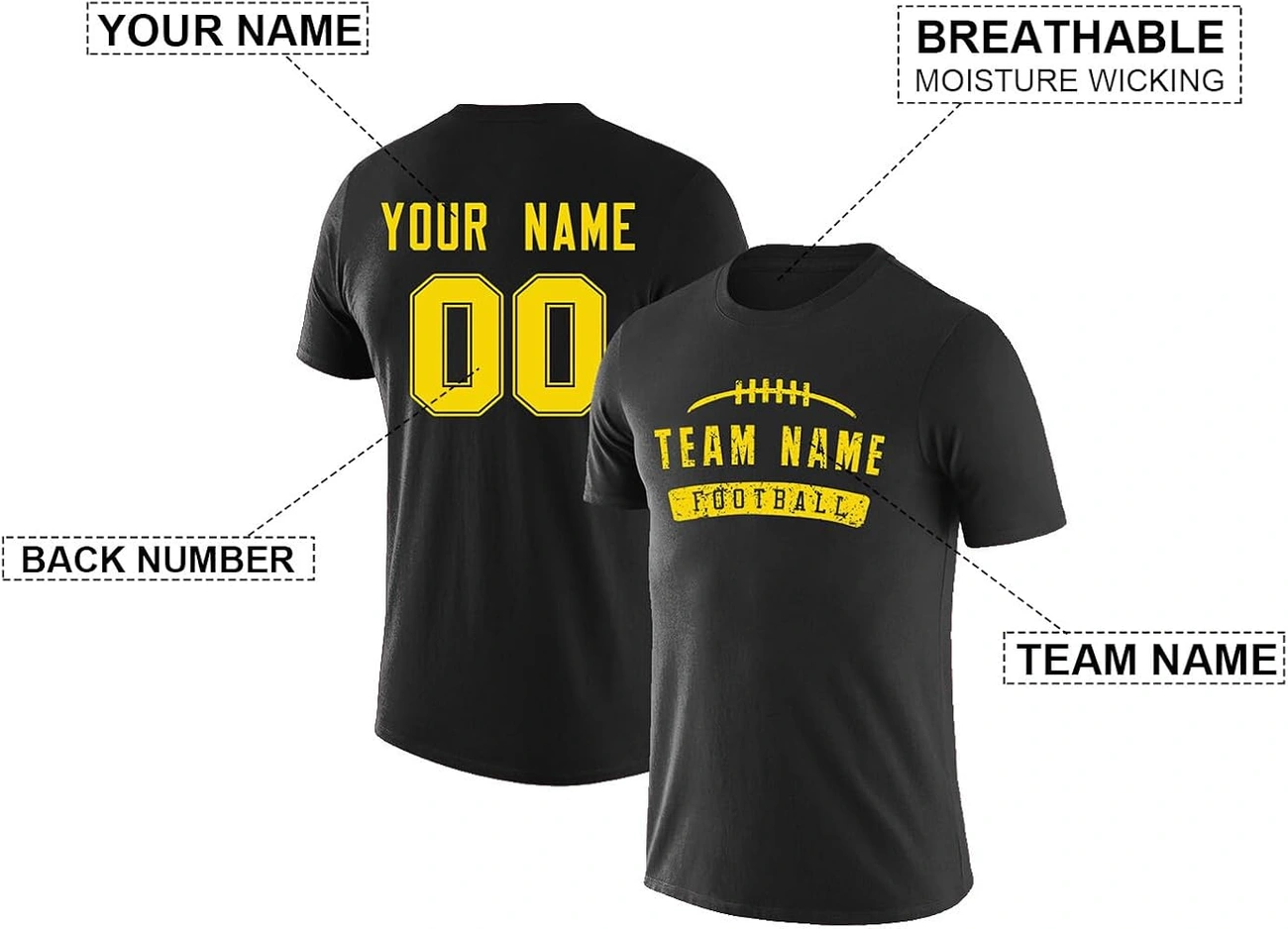 Black customizable college football T-shirt with yellow text for team name, player name, and number, featuring breathable fabric.